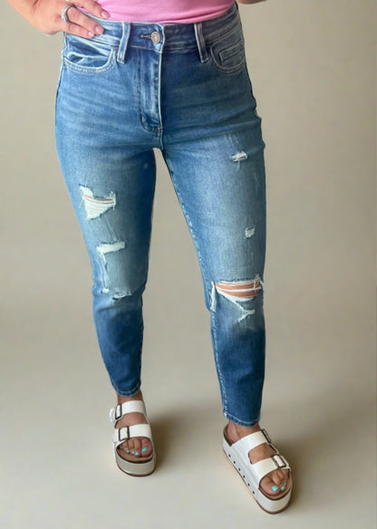 Erika High Rise Distressed Mom Jean