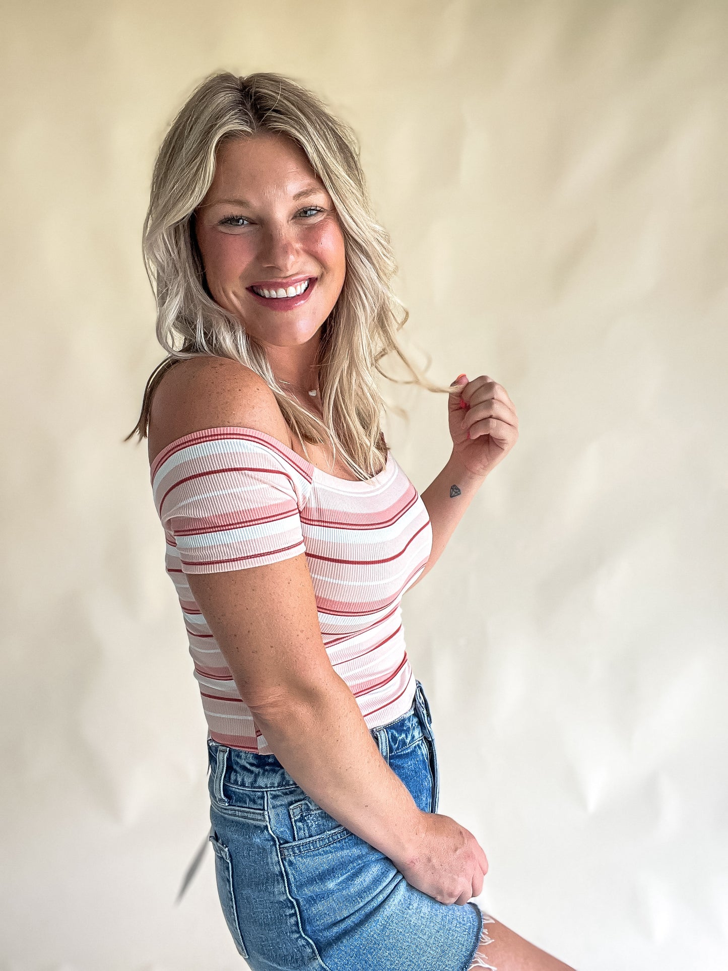 Pink Striped Off-the-Shoulder Bodysuit