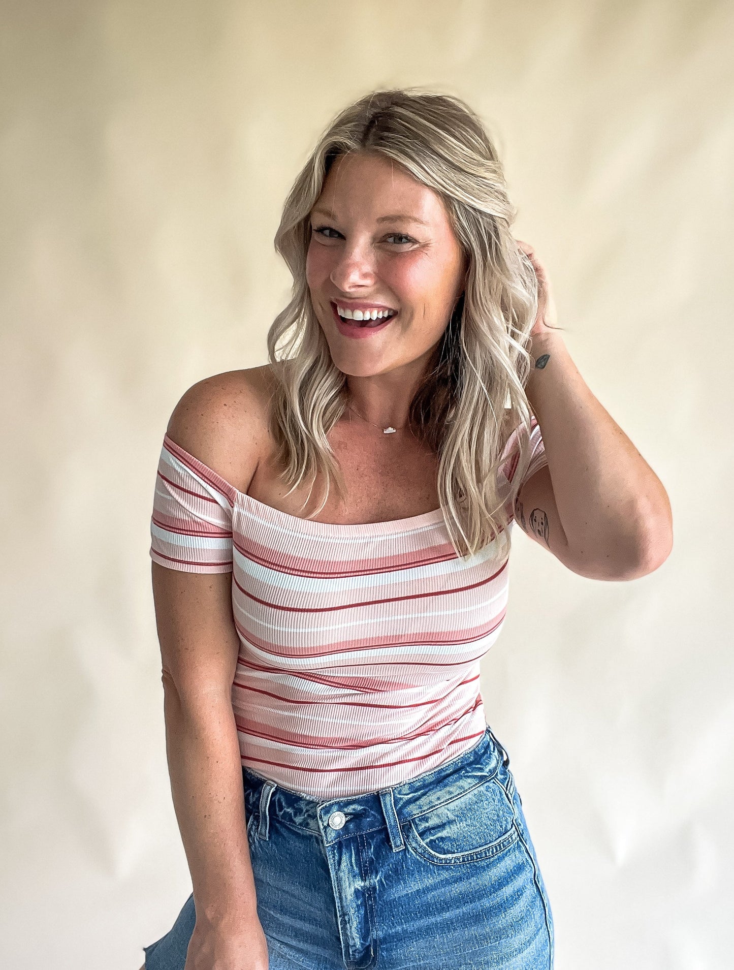 Pink Striped Off-the-Shoulder Bodysuit