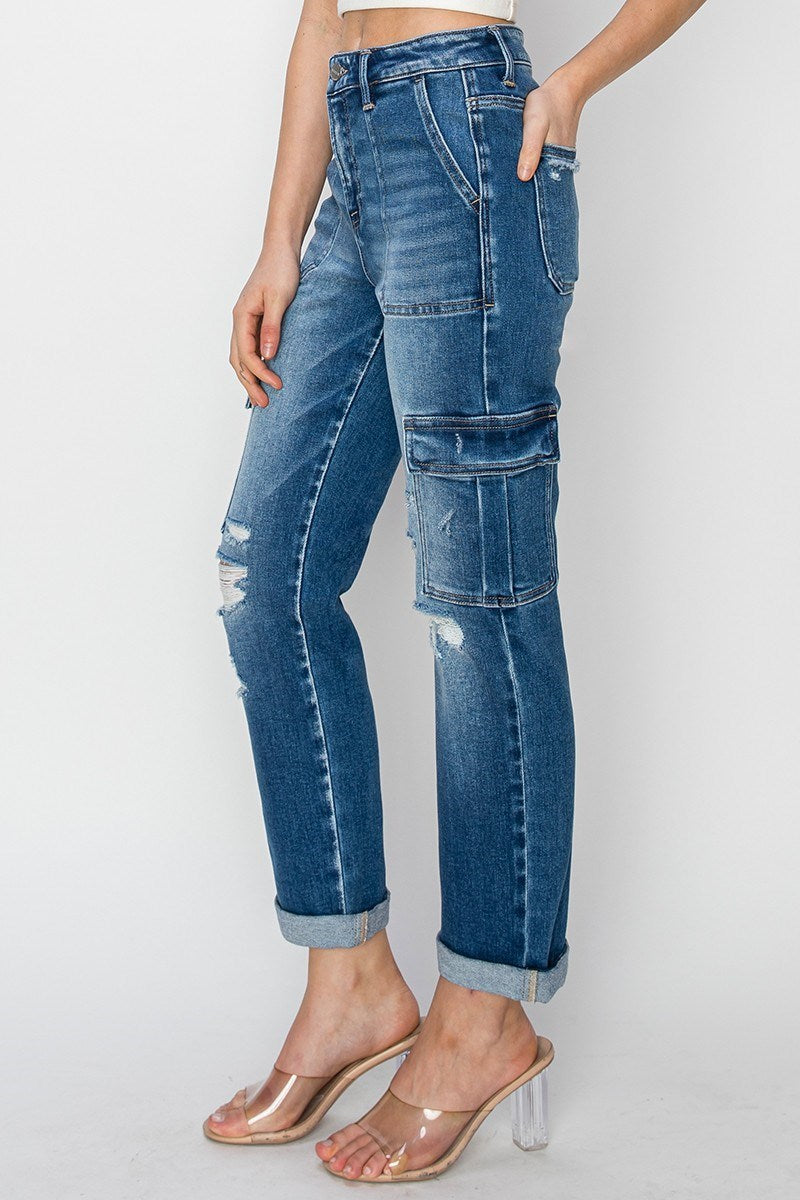 High Rise Cargo Ankle Jeans by Risen