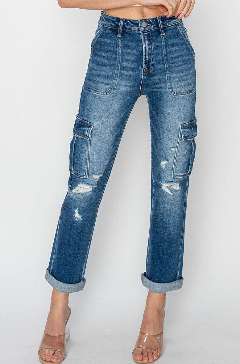 High Rise Cargo Ankle Jeans by Risen